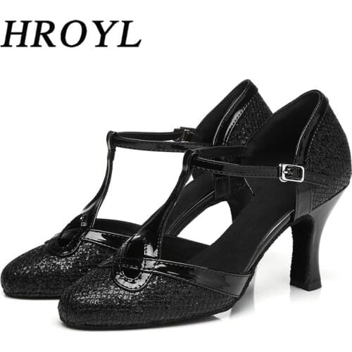 Women T-Bar Ballroom Dance Shoes Latin Salsa Performance Dance Shoes Girls Soft Closed-Toe Black Silver Gold Customized HROYL