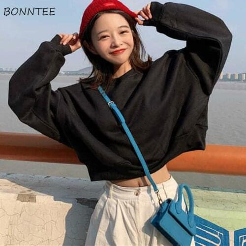 Hoodies Women Autumn Solid O-neck Drop-shoulder Cropped Long Sleeve Leisure All-match Simple Korean Style Lazy Basic Female Chic