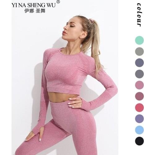 Women 2pcs Seamless Yoga Set Sport Suit Gymwear Workout Clothes Long Sleeve Gym Crop Top High Waist Leggings Fitness SportsWear