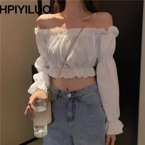 HPIYILUO Women Top Sexy Blouse Off Shoulder Top Long Sleeve Solid Color White Shirt Puff Sleeve Ruffle Tunic Crop Top Tube Top