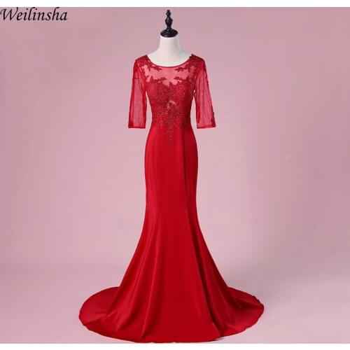 Weilinsha Robe de Soriee Mermaid Evening Dress Long See-Through Back Scoop Half Sleeve Formal Prom Party Dress