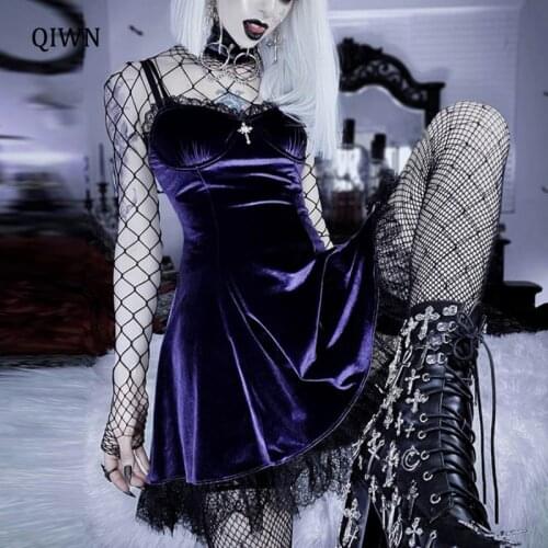 Goth Cross Sexy Purple Dress Vintage Velvet A Line Lolita Dress Aesthetic Gothic High Waist Ladies Club Party Dresses