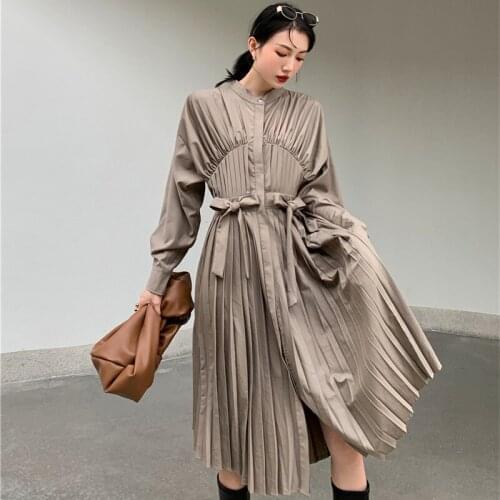 2021 Spring Autumn Long Sleeve Shirt Dress Women Vintage Pleated Bow High Waist Midi Dress Fashion Clothing