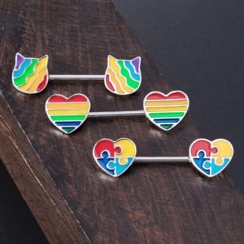 1 Pair Rainbow Love Heart Cat Nipple Rings for Women Bar Stainless Steel Barbell Nipple Piercing Body Jewelry 14G Nipple Shield