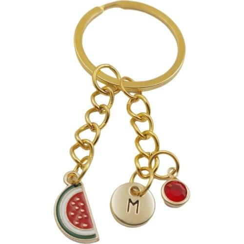 Cute Watermelon Initial Letter Birthstone Keychains Keyring Gold Fashion Jewelry Women Gifts Christmas Accessories Pendants