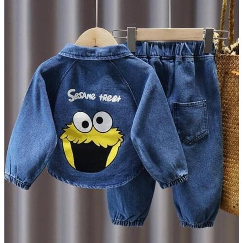 Childrens Denim Suit Girls Autumn Clothes Kids Boys Girls Cartoon Denim Jacket Print Coat Coat Jeans Pants Baby Clothing Set
