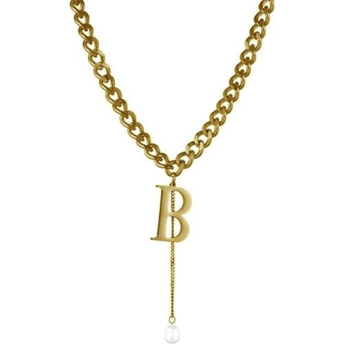 316L Stainless Steel Hiphop Double-sided Grinding Cuban Necklace English Letter B Pearl Pendant Necklace Not Fade
