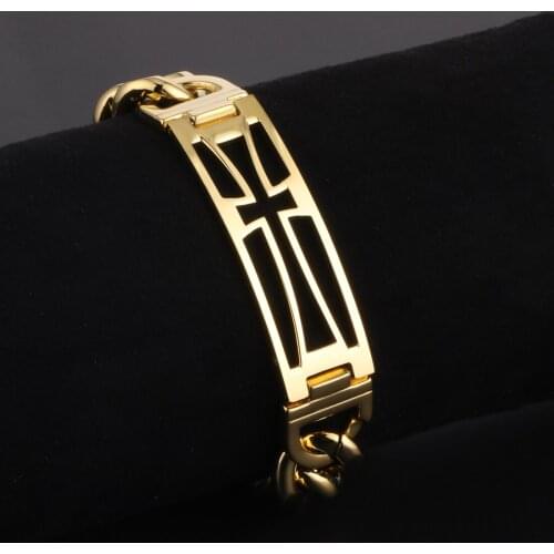 Hollow Cross Gold Stainless Steel Sturdy Bold Curb Cuban Link Chain Bracelets Mens Bangle Bracelet Hombre Jewelry Husband Gifts