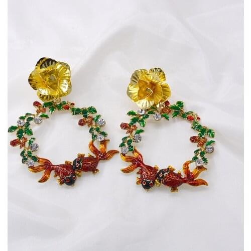 European And American New Baroque Cute Sweet Fish Enamel Colored Glaze Earrings Pink Flower Bud Branch Tassel Earrings Female