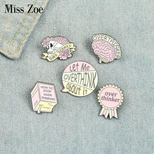 Overthinker Enamel Pin Custom Overthinking Award Brain Skull Book Brooches Bag Lapel Pin Cartoon Badge Jewelry Gift for Friends
