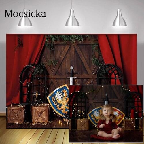 Children Birthday Cake Smash Backdrop Decoration Red Curtain Retro Rustic Door Background Newborn Kids Portrait Photography Prop