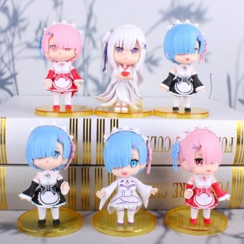 6 Pcs/set New Anime Re:Life In A Different World From Zero Ram Rem Emilia Q Version Doll PVC Model Desk Decor Figure Toys Gifts