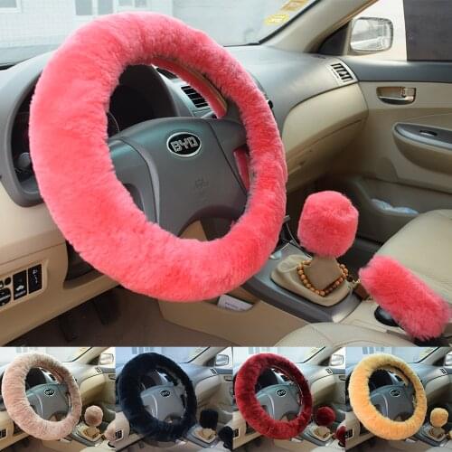 KAWOSEN 1 Set 3 Pcs Winter Warm Wool Steering Wheel Cover Handbrake Cover Gear Shift Cover 38cm diameter Cute Wool Cover WSWS02