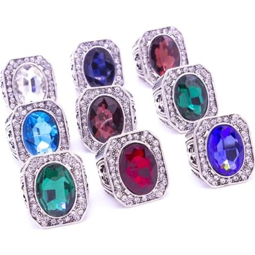 Europe Hot Selling Shiny Glass Ring For Men Antique Silver Plated Vintage Crystal Wholesale Rings 12 Pieces/lot