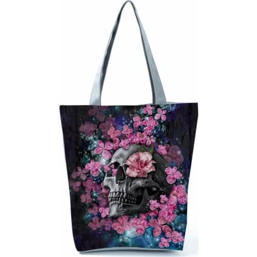 Beautiful Floral Skull Print Handbag New Cool Tote Female Fashion Shoulder Bags Halloween Gift Candy Bag Eco Friendly Travel Bag