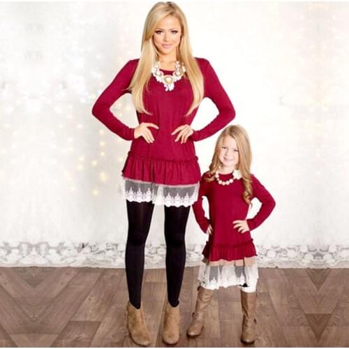 Mommy and Me Fashion Dresses Family Look Mother Daughter Dresses Lace Patchwork Red Solid Long Sleeves Family Matching Clothes
