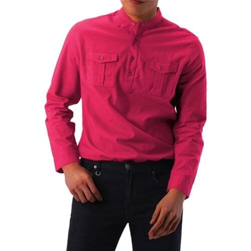 Dress Shirt Men Long Sleeve Business Shirt Stand Collar Men Two Pockets Buttons Dress Shirt Pullover Top Wedding Party