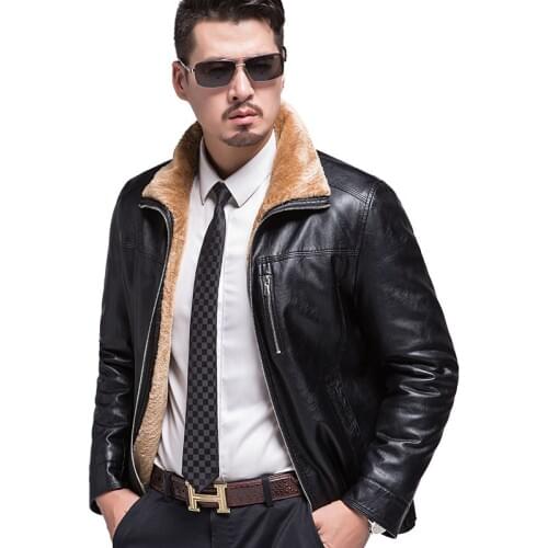 High Quality Stand Collar Middle-aged Leather Jacket Men Winter Business Casual Thick Warm Black Leather Jacket Fur Coat M-xxxl