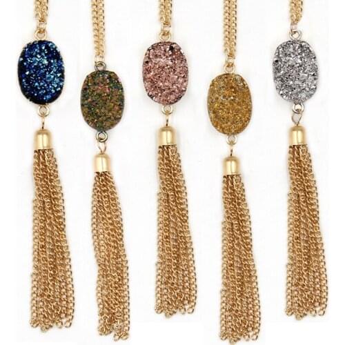2017 New Arrival Oval Resin Druzy Looking Cute Long Chain Quart Oval Tassel Necklaces Pendants for Women