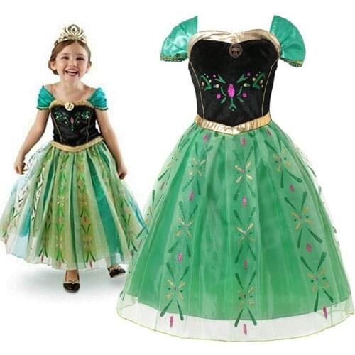 Anna Green Princess Dress for Baby Girl Embroidery Shoulderless Floral Anna Party Dress Kid Cosplay Clothes Summer Fancy Costume