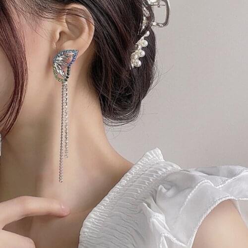 VSnow Luxury Bling Bling Butterfly Dangle Earring for Women Girls Rhinestone Hollow Long Tassel Metallic Chain Earring Jewelry