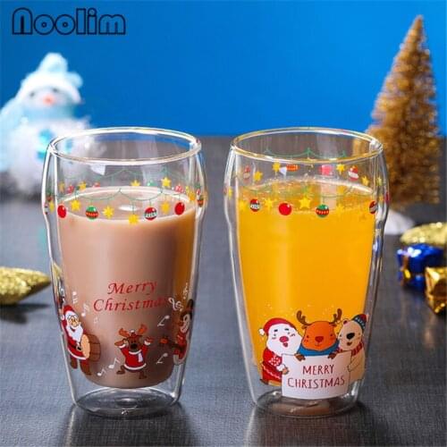 Christmas Cartoon Pattern Double Layer Glass Coffee Juice Mug Heat Resistant Transparent Milk Mug Office Tea Cup Drinkware 430ML