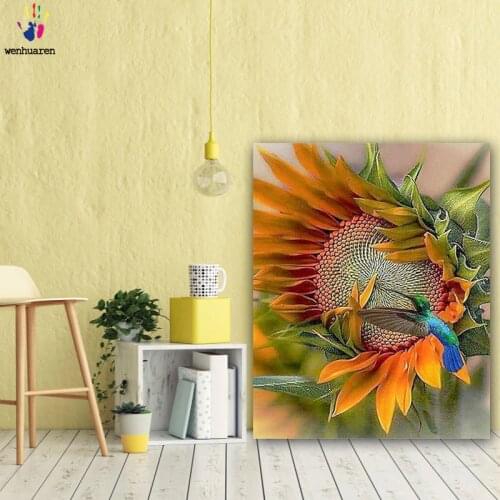 DIY colorings pictures by numbers with colors The bird on the sunflower picture drawing painting by numbers framed Home