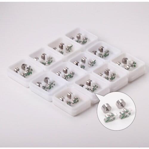 316L Stainless Steel Green Leaf Tiny Earrings 12 Pairs/lot for Girl Women Lovely Stud Earring Fashion Daily Wear Jewelry Gift