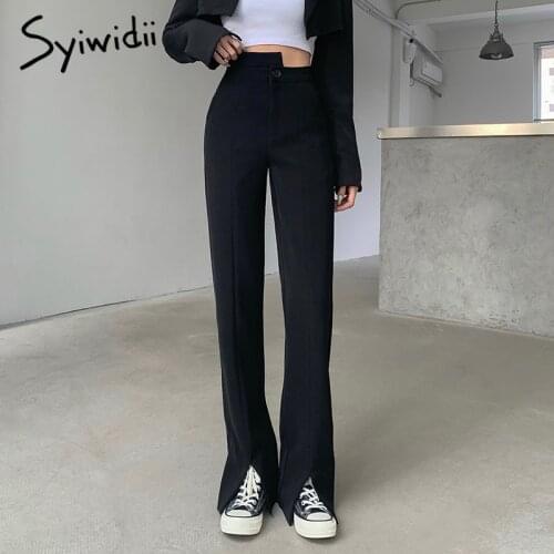 Syiwidii Suit Flare Pants for Women 2021 Korean Casual Fornt Slit Straight Streetwear High Waist Pant Button Up Black Trousers