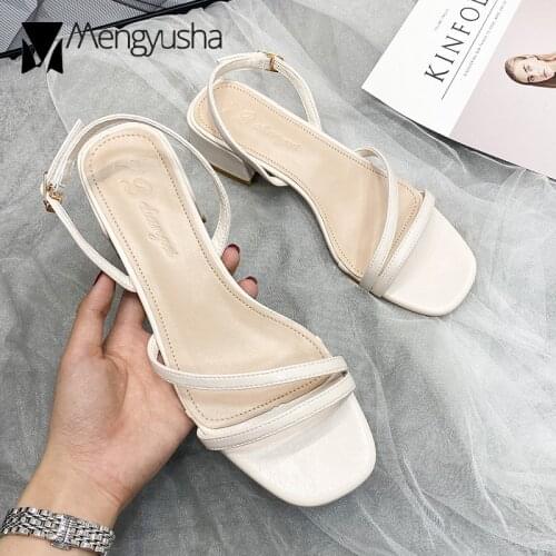 Rome Solid narrow band microfiber gladiator sandals woman chunky med heels shoes women slingback buckle band sandalias mujer2020