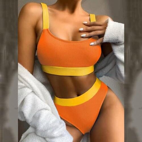 Women Bikini Set Ribbed Bathing Suit Padded Bra High Waist Briefs Color Block Ribbed Swimwear Bikini Set for Summer 2021