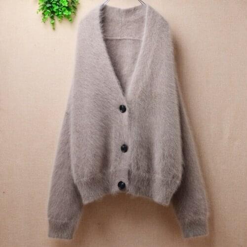 Ladies women winter thick warm short crop top mink cashmere knit deep v-neck long sleeves loose cardigans angora fur jacket coat