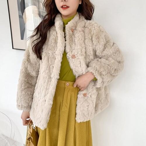 2021 Winter Korean Loose Imitation Rabbit Fur Thick Warm Stand Collar High Quality Soft Plush Faux Fur Coat Women Mujer Chaqueta