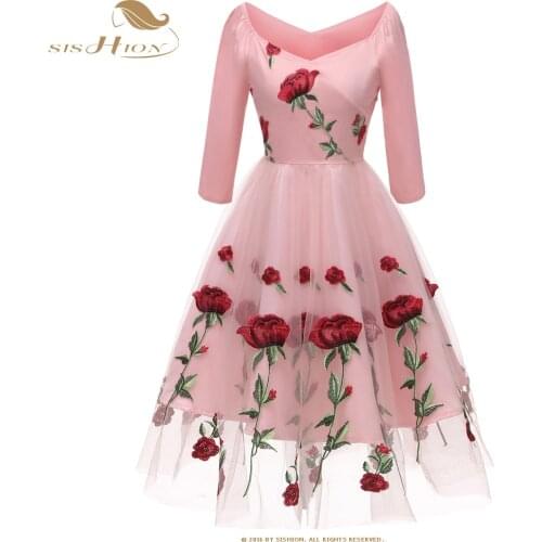 SISHION Pink Dress Women Autumn Rose Embroidery Pretty 3/4 Sleeve Swing Elegant Sexy A-Line Ladies Dresses VD0866