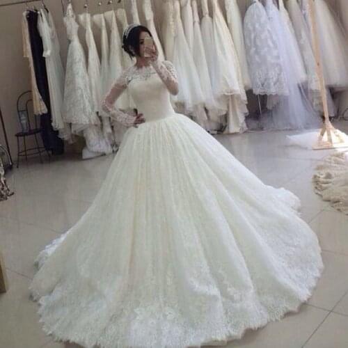 French Style Long Sleeve robe de mariee o-neck Covered vestido de noiva 2018 Lace ball bridal gown mother of the bride dresses