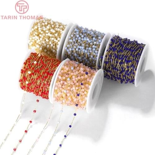 50CM Bead 3MM 24K Gold Color Brass and Glass with Square Beads Necklace Chains High Quality Diy Jewelry Findings Accessories