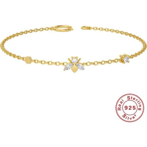 GS 925 Sterling Silver Gold Clear Bees Charm Bracelet Chain Jewelry Women Fashion CZ Zircon Simple Light Bangle Jewelry Gift