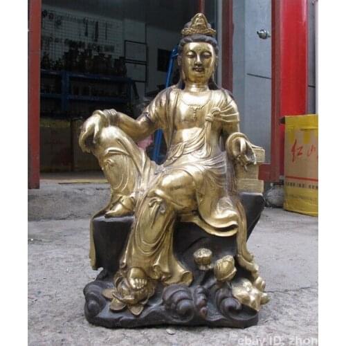 Bi001705 Tibet Buddhism Bronze Gild Gilt Free Guanyin Book Kwan-Yin Buddha Statue