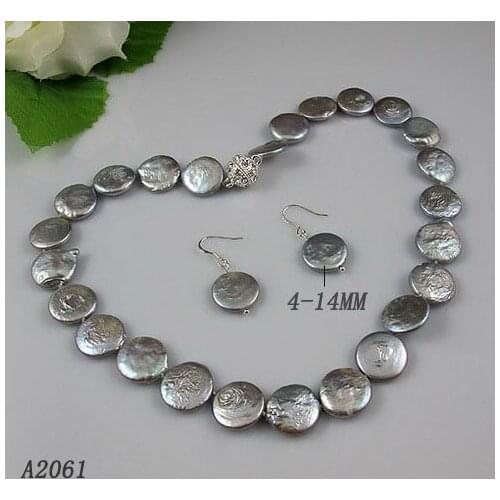 Perfect Coin Pearl Necklace earrings jewellery set 13-14mm Gray Freshwater Pearls Rhinestone Magnet Clasp New Free Shippng