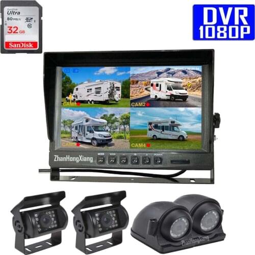 4 x AHD 1080P IR 4Pin Front Side Rear View Reverse Backup Camera Kit + 9" IPS 4CH Split Car DVR Monitor System For RV Bus Truck