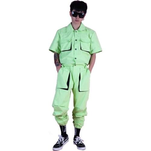 MenStreetwear Hip Hop Fashion Overalls Pants Summer Multi Pockets Cargo Jumpsuits Male Short Sleeve Singer Dancer Stage Clothes