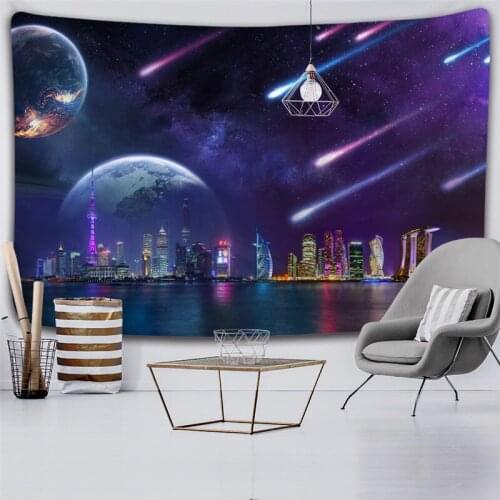 Beautiful City Night Scene Tapestry Rivers Tall Buildings Beautiful Lighting Creative Art Wall Hanging