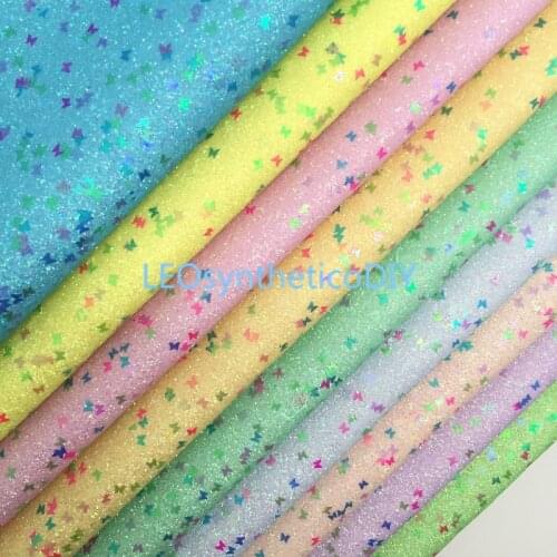 LEOsyntheticoDIY Pastel Color Butterfly Glitter Vinyl Fabric Sheet Felt Backing Synthetic Leather Faux Vinil DIY A4 SIZE R08