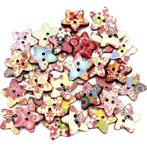 LF 50Pcs Mixed Flower Star Wooden Sewing Buttons For Clothes Needlework Flatback Scrapbooking Crafts Decorative Diy Accessories