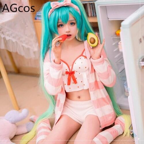 Miku Pajamas Cosplay VOCALOID Miku Cosplay Costume Woman Daily Sleepwear Christmas Outfits Coat+Top+Shorts+Socks+Headwear