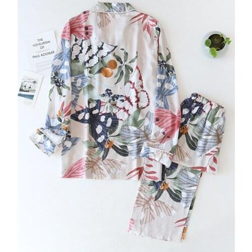 Fashion Long-sleeved Trousers Ladies Pajamas Set Viscose Cardigan Butterfly Flower Simple Thin Home Service Summer