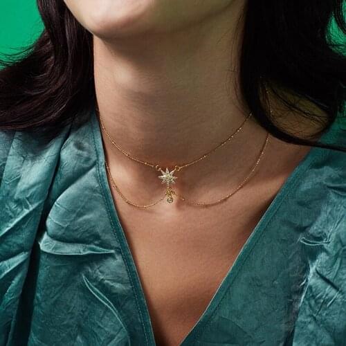 Morivovog 925 Sterling Silver Anise Stars Double Layer Necklace Shine Zircon Chic Mori Short Choker for Women Festival Jewelry