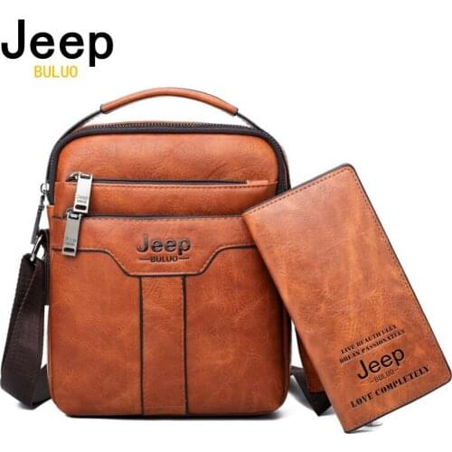 JEEP BULUO Men Leather Bag 2 piece set Handbags Business Casual Messenger Shoulder Bag Crossbody Male Tote Bags High Quality