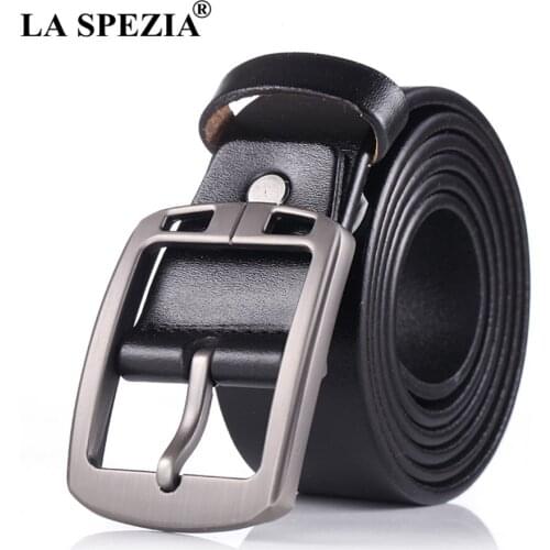 LA SPEZIA Men Belt Black Genuine Leather Belts for Men Pin Buckle High Quality Casual Cowhide Pink Buckle Belt Male Accessories