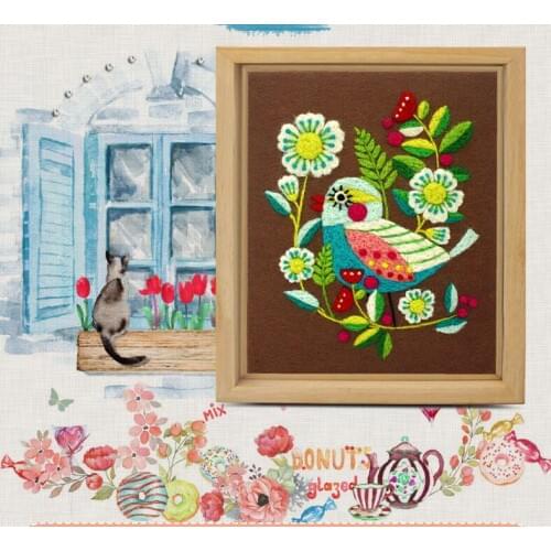 Non-Finished Home House Decoration Photo Frame Picture Custom Wool Needle Felted Printing Kit Floral Bird Handmade Kit For Gift